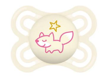 Schnuller Fuchs schläft mit Sternen, creme - milchblau, Ring leuchtet